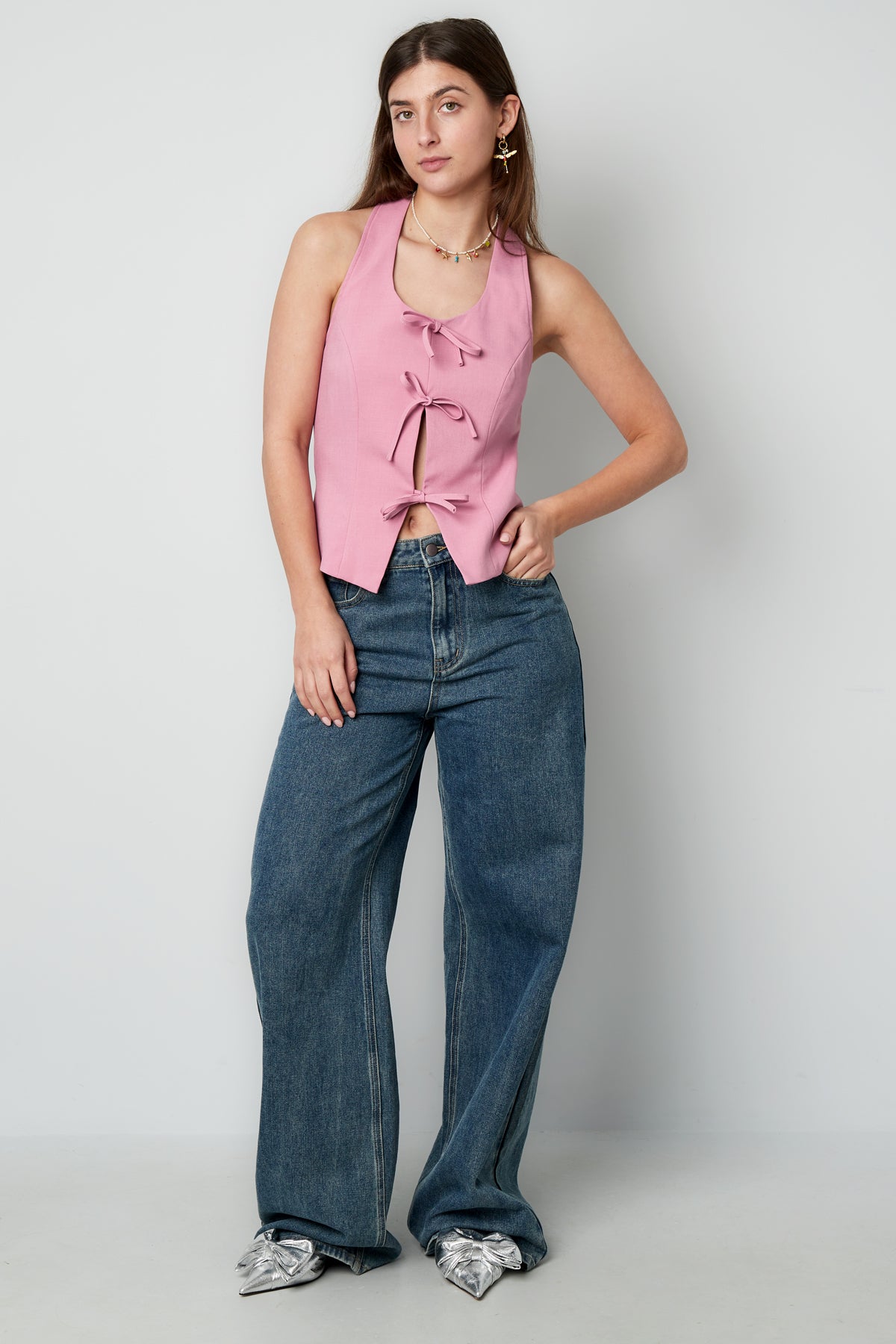 Woven Polyester Fiber Women's Sleeveless Top Casual Bow Detail