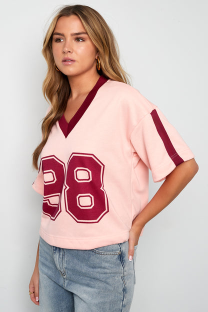 Knitted Cotton Women's V-Neck T-Shirt Sporty Color Clash
