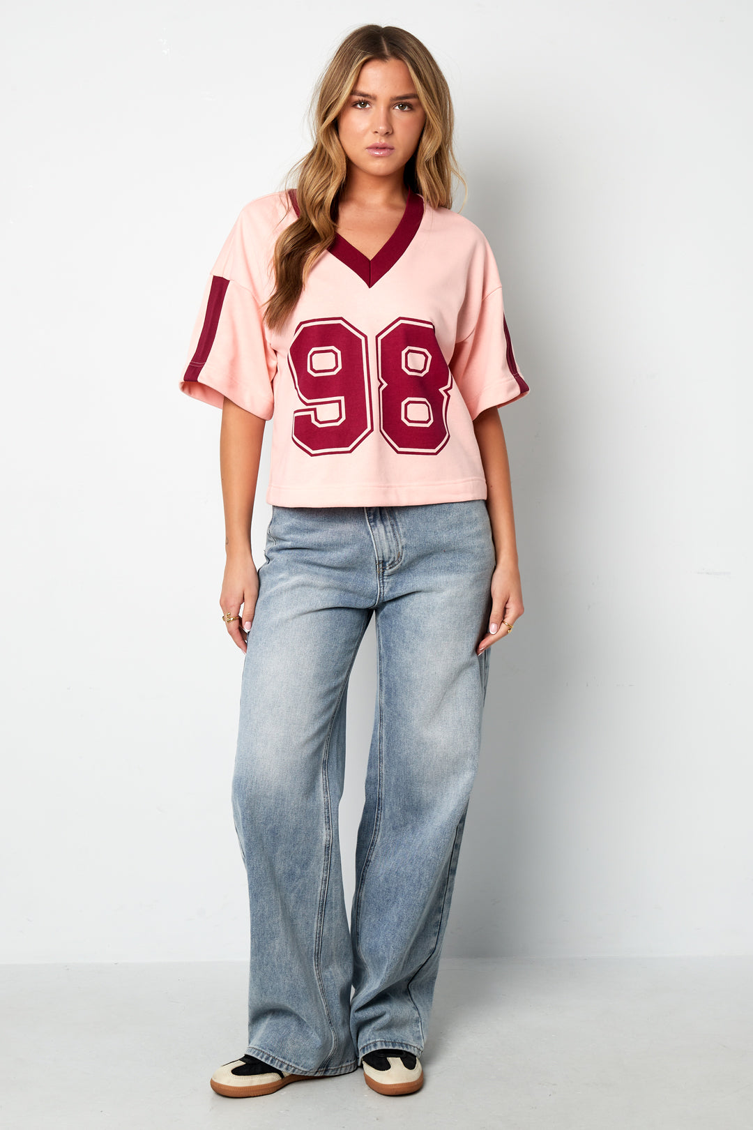 Knitted Cotton Women's V-Neck T-Shirt Sporty Color Clash