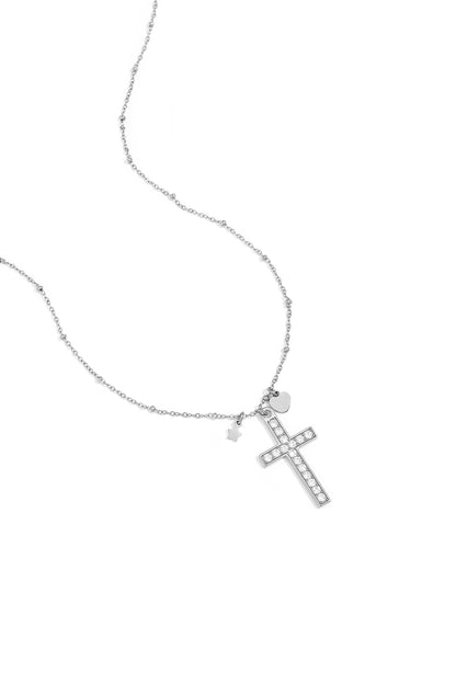 Necklace with decorated cross pendant and charms