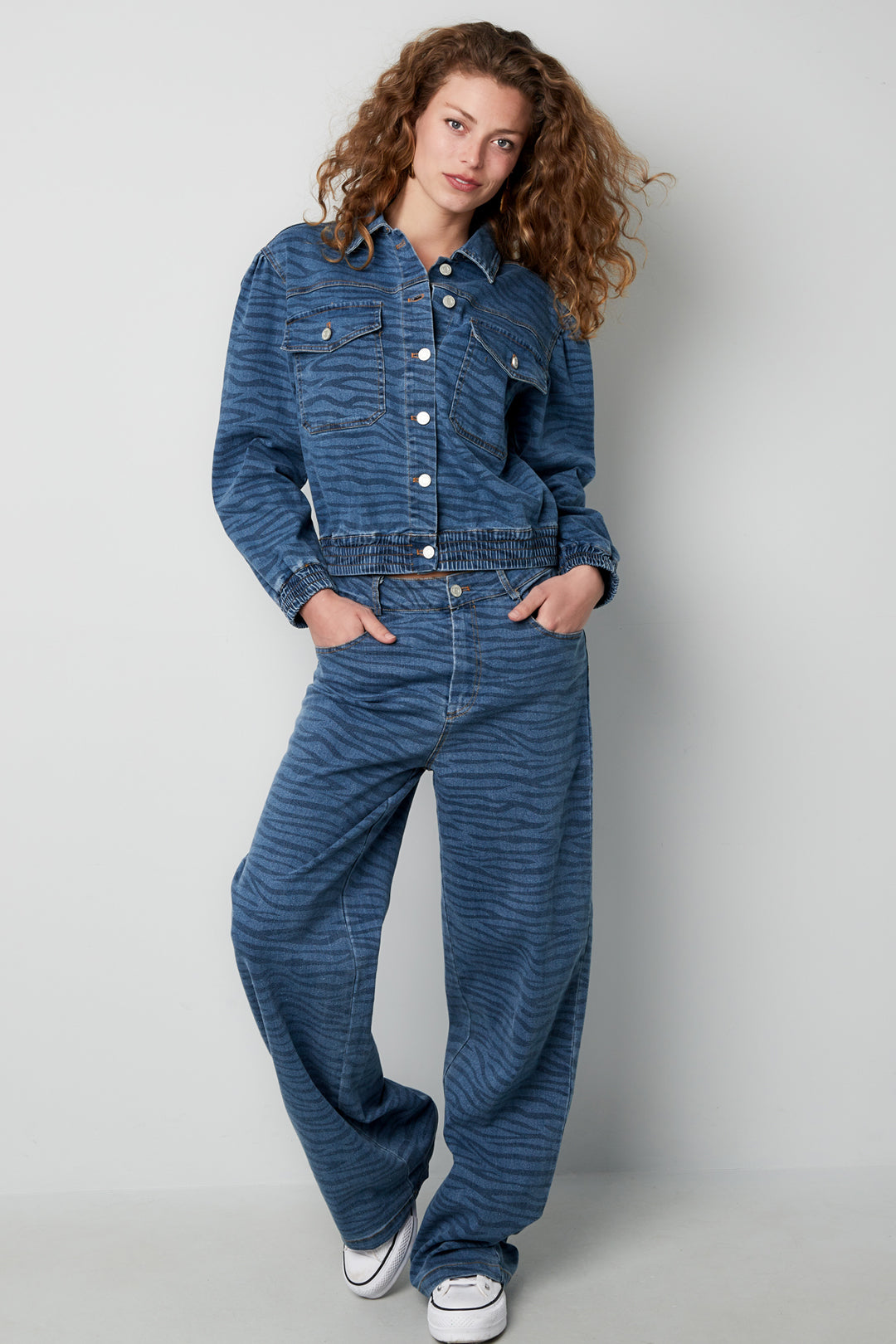 Denim Women's Jacket Cropped Tiger Stripe Pattern