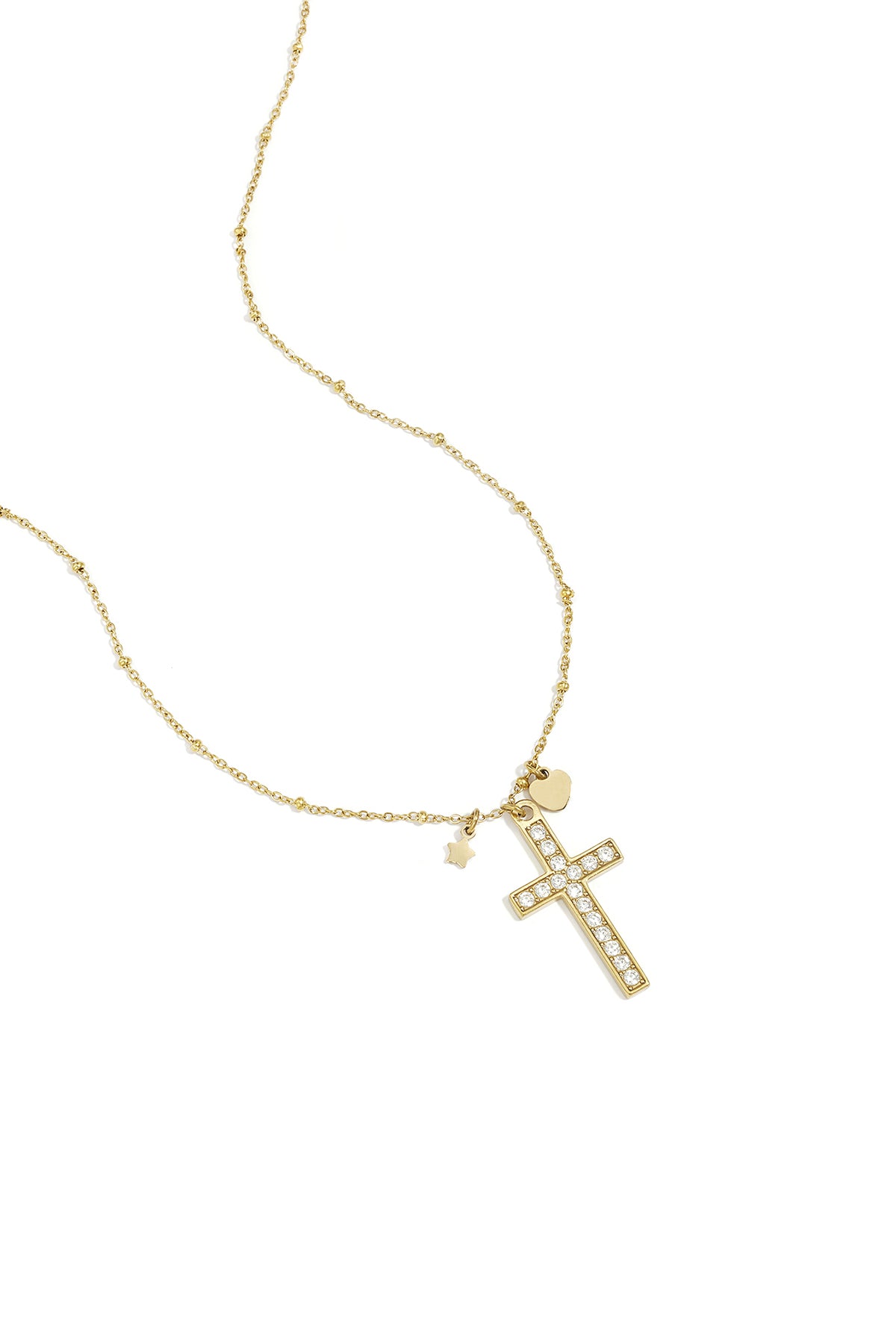 Necklace with decorated cross pendant and charms