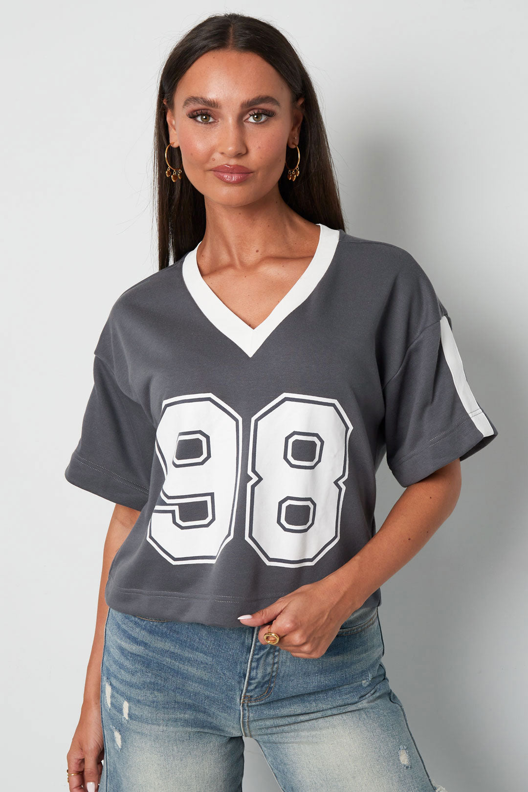 Knitted Cotton Women's V-Neck T-Shirt Sporty Color Clash